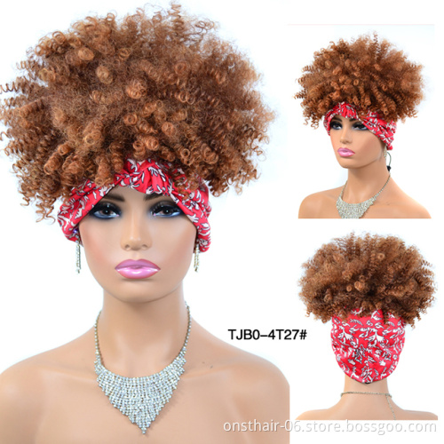 Afro Puff Turban Synthetic Wig Short Kinky Curly Headwrap Drawstring Wrap-wig 2 in 1 Updo Head-Wrap Wig for African American